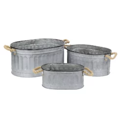 Cheung's Home Indoor Decorative Oval Metal Storage Bucket With Rope Handle, Set Of 3