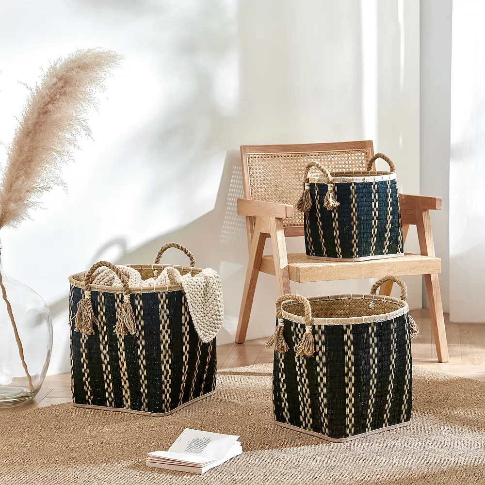 Saddle River Palm Leaf Rope Tassel Handle Basket 3-piece Set 4 Saddle River Palm Leaf Rope Tassel Handle Basket 3-piece Set - Image 2