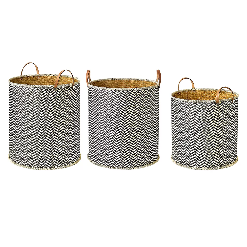 Saddle River Faux Leather Handle Round Checker Palm Leaf Basket 3-piece Set 3 Saddle River Faux Leather Handle Round Checker Palm Leaf Basket 3-piece Set