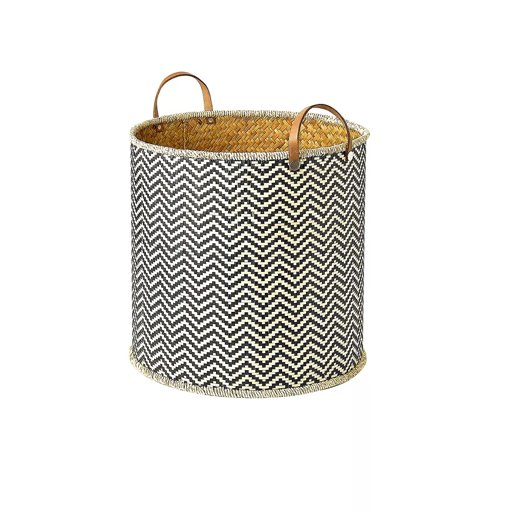 Saddle River Faux Leather Handle Round Checker Palm Leaf Basket 3-piece Set 6 Saddle River Faux Leather Handle Round Checker Palm Leaf Basket 3-piece Set - Image 4