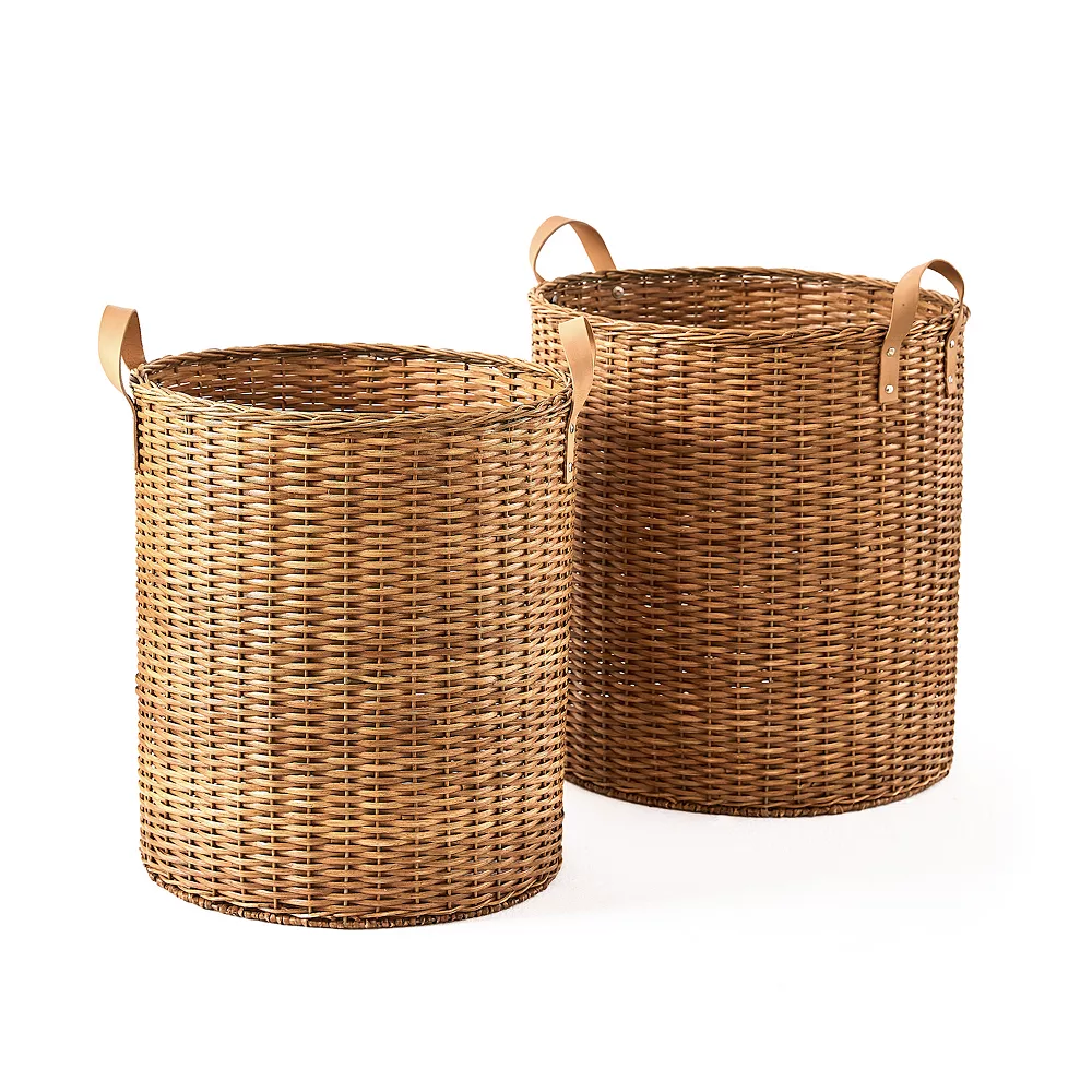 Saddle River Faux Leather Handle Round Rattan Bin 2-piece Set 3 Saddle River Faux Leather Handle Round Rattan Bin 2-piece Set