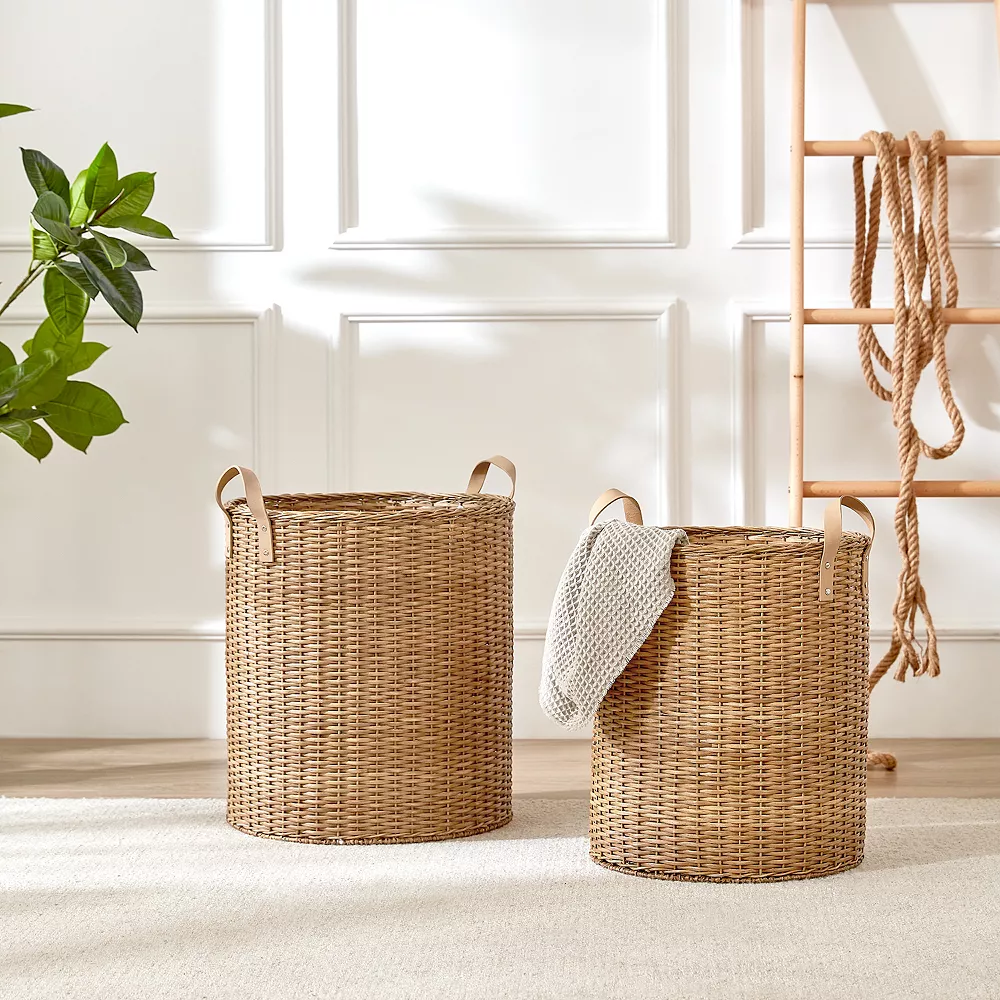 Saddle River Faux Leather Handle Round Rattan Bin 2-piece Set 4 Saddle River Faux Leather Handle Round Rattan Bin 2-piece Set - Image 2