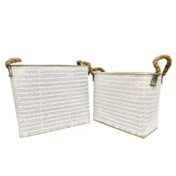 Painted White Embossed Metal Bins With Decorative Jute Handles - Set Of 2