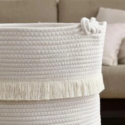 Ornavo Home Medium Round Woven Cotton Rope Boho Tassels Storage Basket -US Storage Furniture Sales 6069492 ALT2