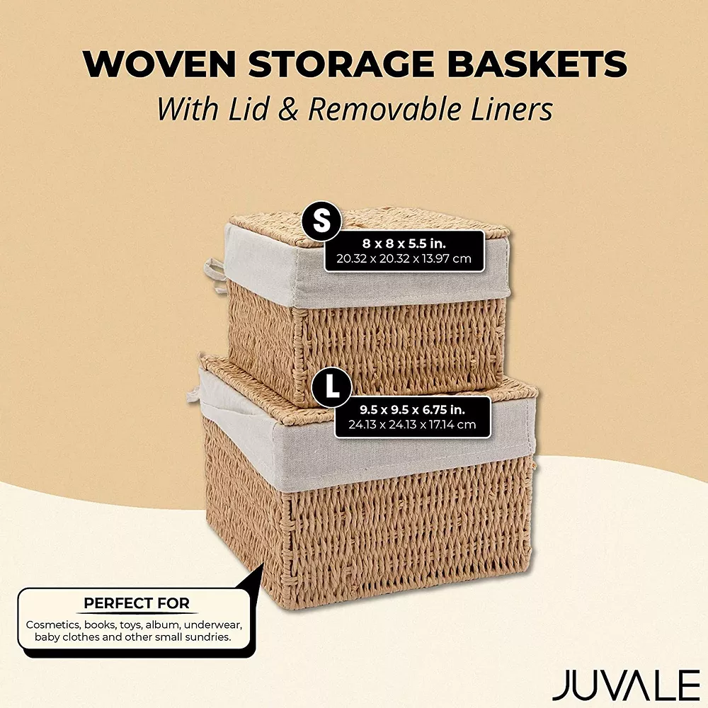 Woven Storage Baskets With Lid And Removable Liner (2 Sizes, 2 Pack) 4 Woven Storage Baskets With Lid And Removable Liner (2 Sizes, 2 Pack) - Image 2