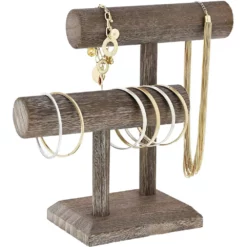 Rustic 2-Tier Jewelry Stand Organizer, Wooden T-Bar Necklace And Bracelet Holder For Accessories (8 X 4 X 9 In)