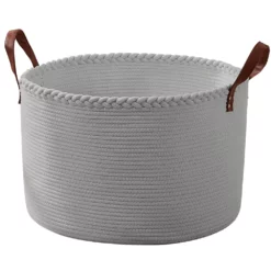 Extra Large Round Cotton Rope Storage Basket Laundry Hamper With Leather Handles
