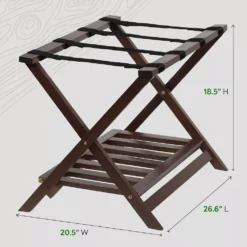 PJ Wood Hotel Style Wood Home Folding Suitcase Luggage Rack With Shelf, Walnut -US Storage Furniture Sales 6145090 ALT