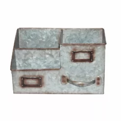 Benzara Three Bin Galvanized Metal Desk Organizer With Attached Label Slots, Gray