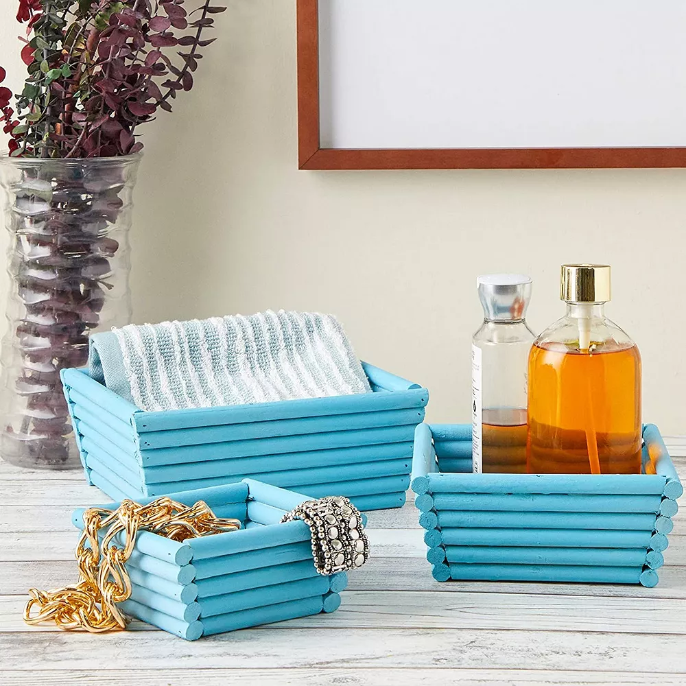 Blue Wooden Crate Nesting Boxes For Storage, Angled Design (3 Sizes, 3 Pieces) 5 Blue Wooden Crate Nesting Boxes For Storage, Angled Design (3 Sizes, 3 Pieces) - Image 3