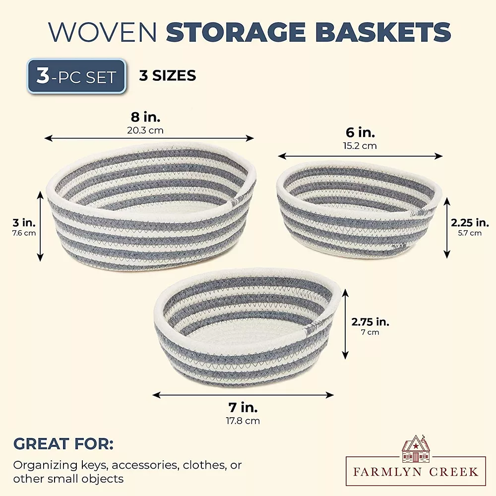 Woven Baskets For Storage, Grey Striped Round Basket (3 Sizes, 3 Pack) 4 Woven Baskets For Storage, Grey Striped Round Basket (3 Sizes, 3 Pack) - Image 2