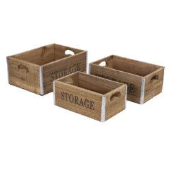 Cheungs Set Of 3 Wooden Storage Crates With Metal Border Accents