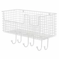 MDesign Metal Storage Organizer Basket With 6 Hooks - Wall Mount