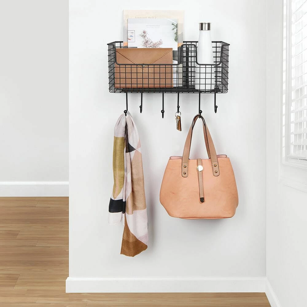 MDesign Metal Storage Organizer Basket With 6 Hooks - Wall Mount 4 MDesign Metal Storage Organizer Basket With 6 Hooks - Wall Mount - Image 2